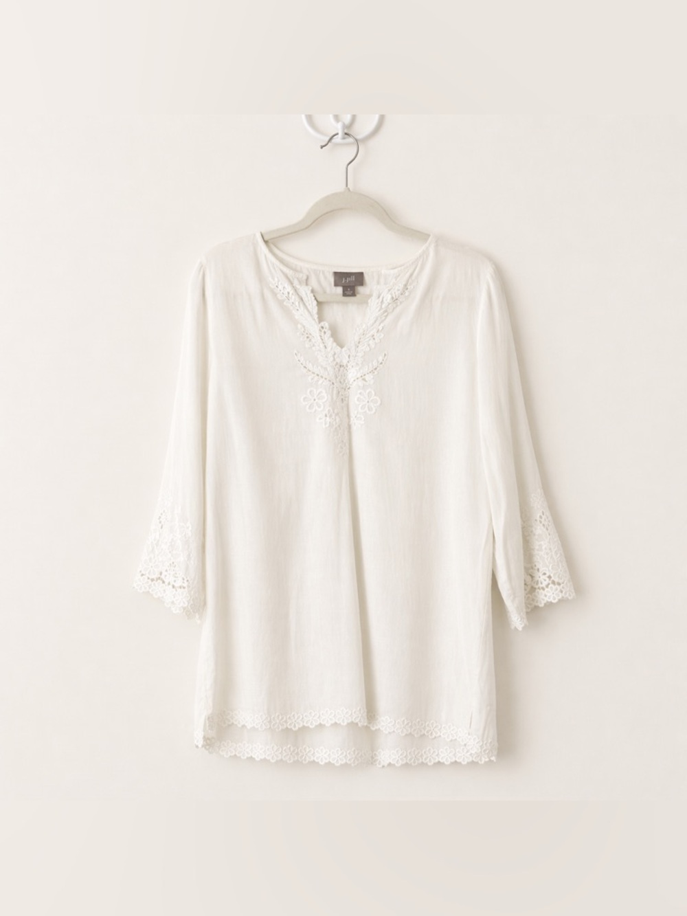 J. Jill White Linen Blend Embroidered Boho Tunic Top S Beach Resort Wear Coastal